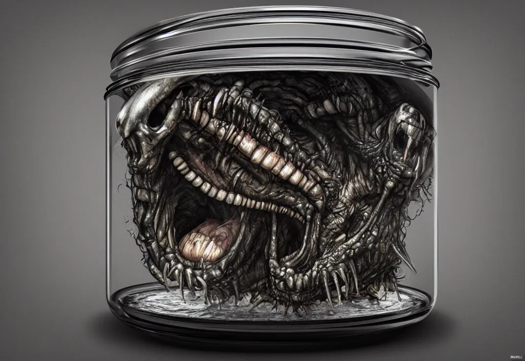 Image similar to Photorealistic miniature monster inside a jar on clean background by H.R. Giger, KDA and Sam Yang, trending on artstation