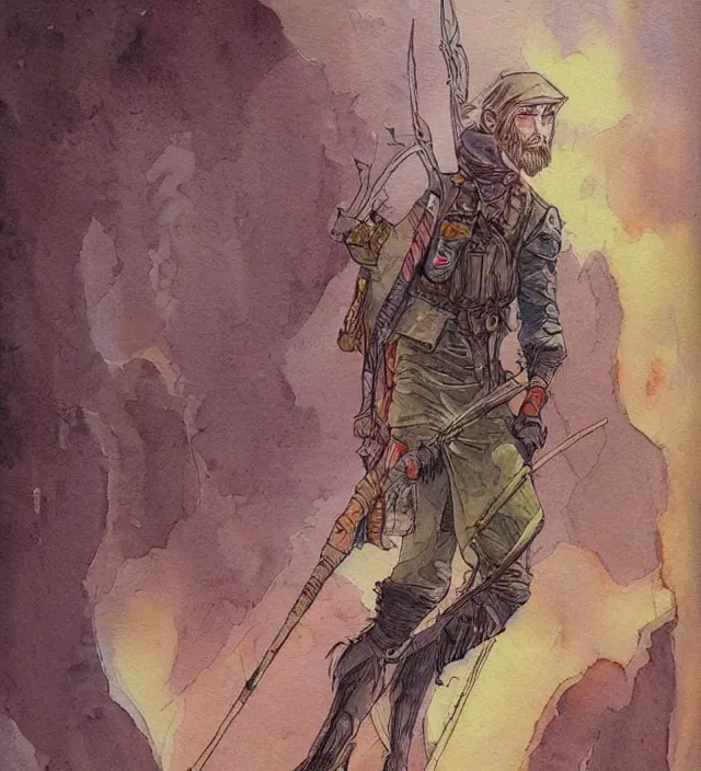 Prompt: a watercolor ink painting of an elven sniper in the style of jean giraud in the style of moebius trending on artstation deviantart pinterest detailed realistic hd 8 k high resolution