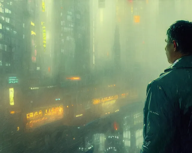 Image similar to 2 0 1 8 blade runner movie still man look at the cityscape from roof perfect face fine realistic face pretty face neon puffy jacket blue futuristic sci - fi elegant by denis villeneuve tom anders zorn hans dragan bibin thoma greg rutkowski ismail inceoglu illustrated sand storm alphonse mucha
