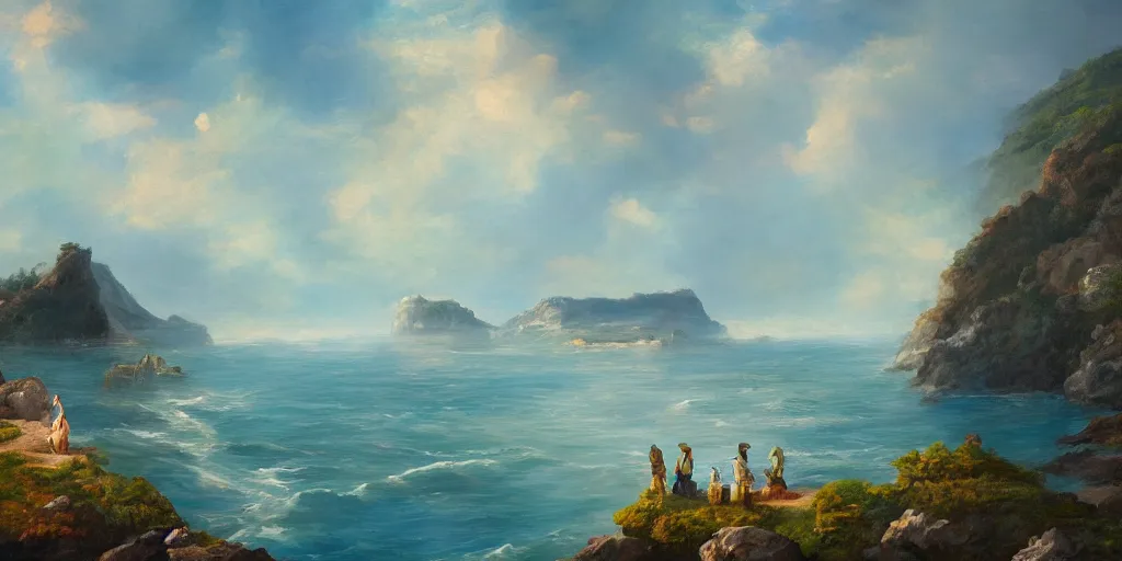 Image similar to fantasy painting of islands and cliffs overseeing a vast ocean