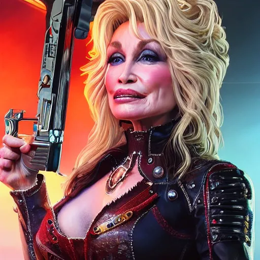 Image similar to closeup of Dolly Parton holding a pimp shotgun, cyberpunk 2077 setting, intricate, elegant, highly detailed, digital painting, artstation, concept art, matte, sharp focus, illustration, hearthstone, art by Artgerm and Greg Rutkowski and Alphonse Mucha