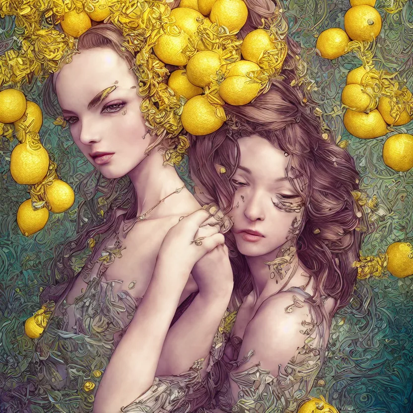 Prompt: the portrait of a sensual lemon personified as an absurdly beautiful, graceful, elegant, sophisticated, young woman made up of lemons, an ultrafine hyperdetailed illustration by kim jung gi, irakli nadar, intricate linework, bright colors, octopath traveler, final fantasy, unreal engine 5 highly rendered, global illumination, radiant light, detailed and intricate environment