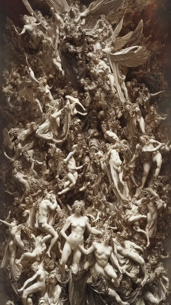 Prompt: an epic sculpture made of marble and ivory, fall of the rebel angels, by gustave dore, by alphonse mucha, hell, sculpture standing on in a large studio space, monumental, epic, detailed, intricate, volumetric lighting, realistic, octane render, in frame, 2 0 % pearlescent detailing