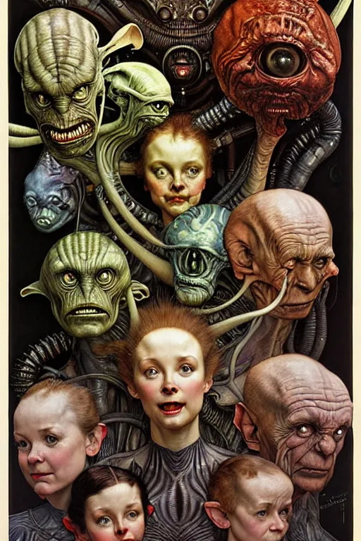 Image similar to hyper realistic aliens by norman rockwell, hr giger, john sargent, mucha