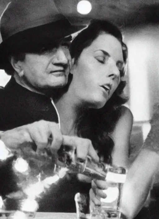 Image similar to a close - up, color cinema film still of a johnny cash talking to a beautiful hooters woman drinking whiskey at a hooters, ambient lighting at night.