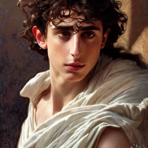 Prompt: portrait of 19 year old Timothee Chalamet as Antinous in ancient Greece, (SFW) safe for work, photo realistic illustration by greg rutkowski, thomas kindkade, alphonse mucha, loish, norman rockwell