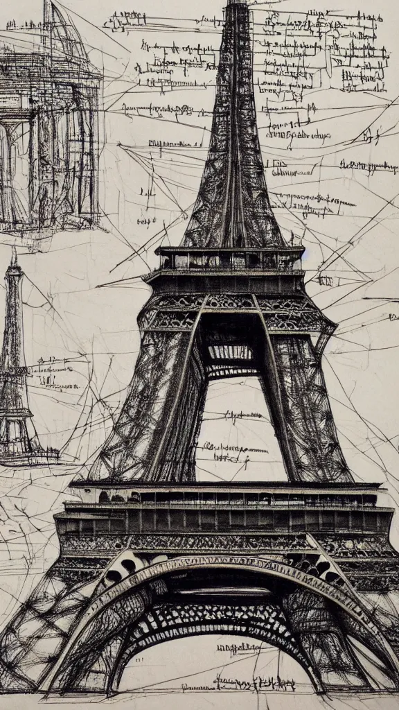 Image similar to architectural design studies of Eiffel tower, schematics, notes, different closeup view, drawn by Leonardo da Vinci, chinese inkpen draw, artistic, intricated details