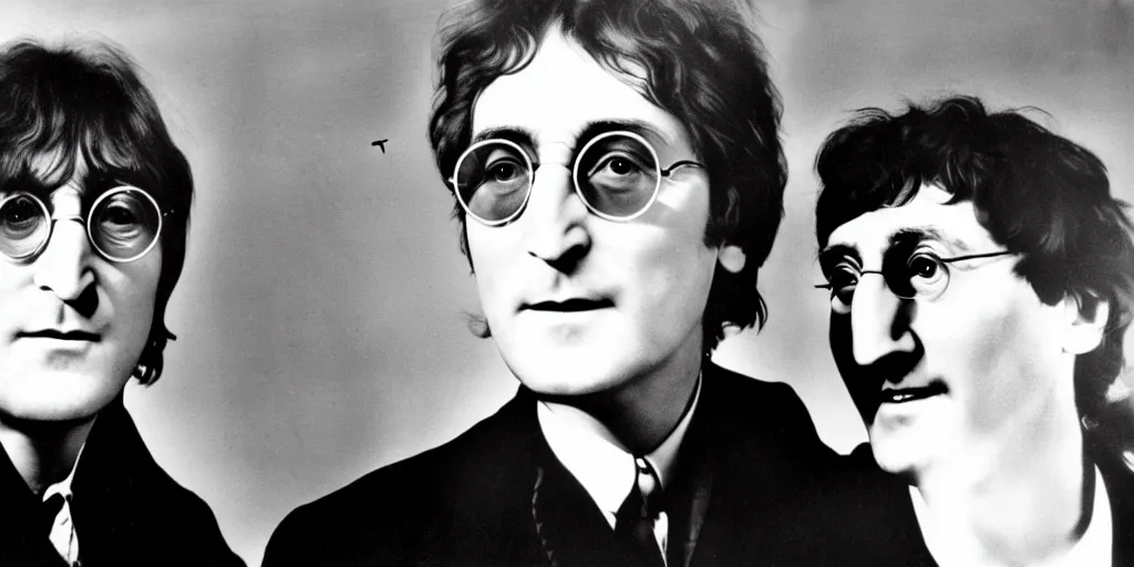 Image similar to John Lennon & Tesla working together ufo technology, black & white photograph