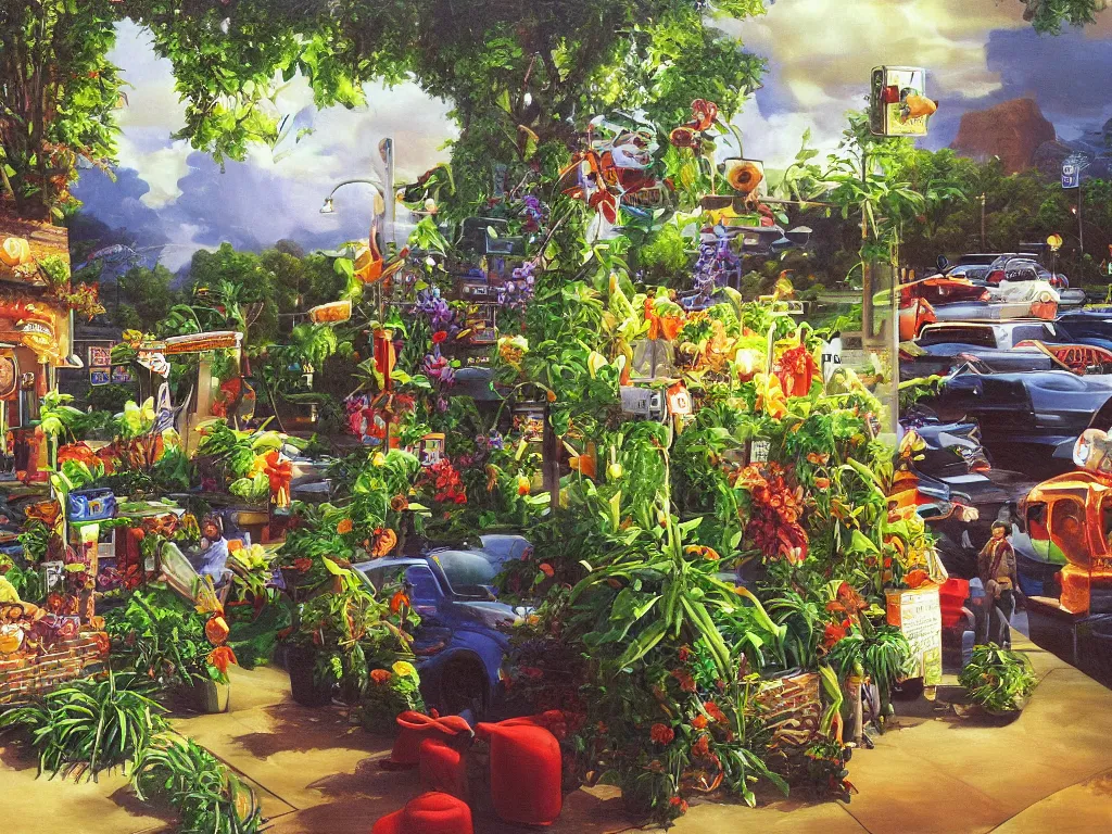 Prompt: Ordering at a busy McDonalds drive thru made of plants and gemstones, Peter Blume oil painting