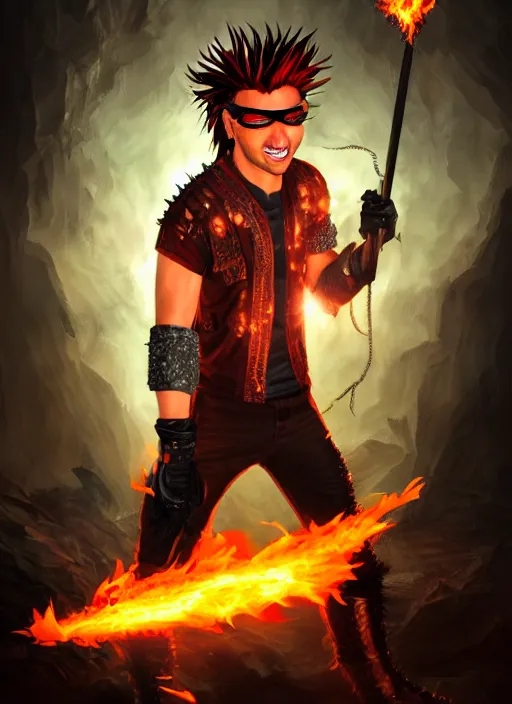 Image similar to An epic fantasy comic book style portrait painting of young man with red spiked long hair, using an orange lens googles. Wearing white shirt, a black waistcoat, brown pants and black boots. He is throwing a wild fire blast from his hands, with a vicious smile in face. Unreal 5, DAZ, hyperrealistic, octane render, cosplay, RPG portrait, dynamic lighting