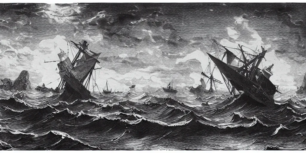 Image similar to A wooden shipwreck with muscular sailors, waves swell black and white Renaissance etching by Benjamin Smith