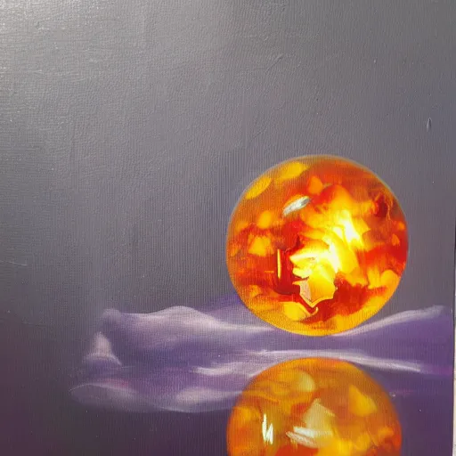 Image similar to soap bubble with fireball inside, oil painting