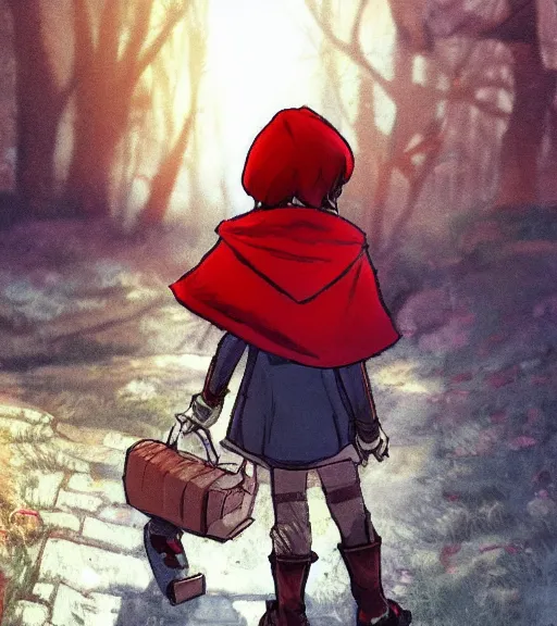 Image similar to attractive little boy character inspired in little red riding hood and kris from deltarune, digital artwork made by akihiko yoshida and makoto shinkai