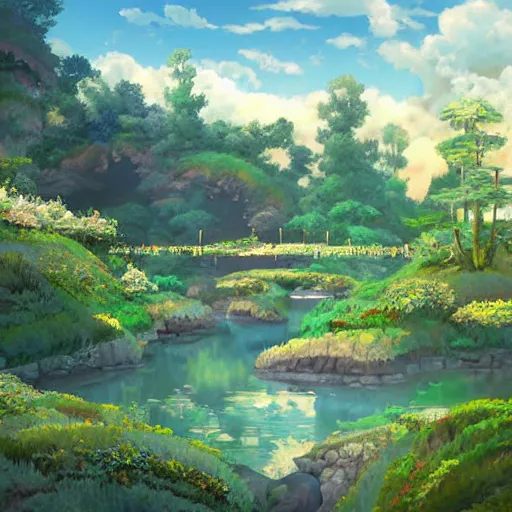 Prompt: a beautiful landascape in the style of Studio Ghibli, realistic painting, high definition, digital art, matte painting, very detailed