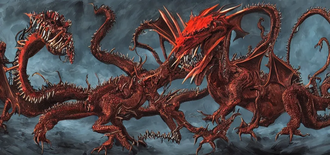 Image similar to concept art of dragon attack, lovecraftian, lots of teeth, melting horror, feathers, fighting the horrors of the unknown with laser guns