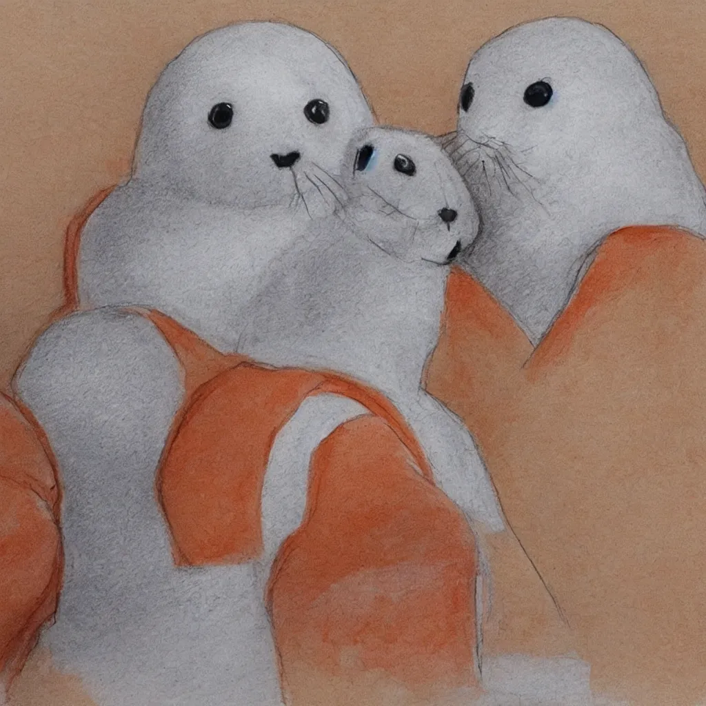 Prompt: a baby harp seal in an orange prisoner jumpsuit, dressed as a prisoner, sitting next to his lawyer in court, courtroom sketch