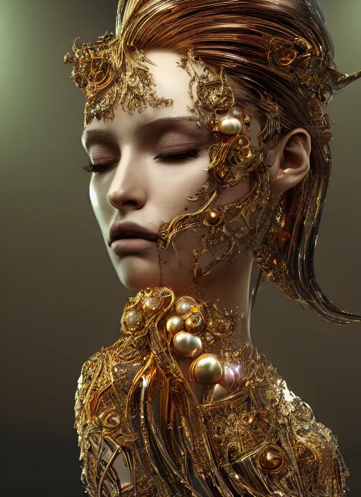 Image similar to beauteous practical sumptuous tattood beautiful face, crystal, gold, copper, bronze biomechanical with incredible iridescent pearlescent voluminous neon hair, crystalline masterpiece incrustations, hyperdetailed face, elegant pose, movie still, intricate, octane render, cinematic forest lighting, unreal engine, crepuscular rays, god rays