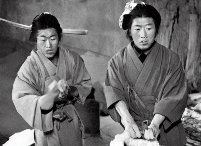 Prompt: a movie still of a samurai slicing a loaf of bread, a movie by Akira Kurosawa