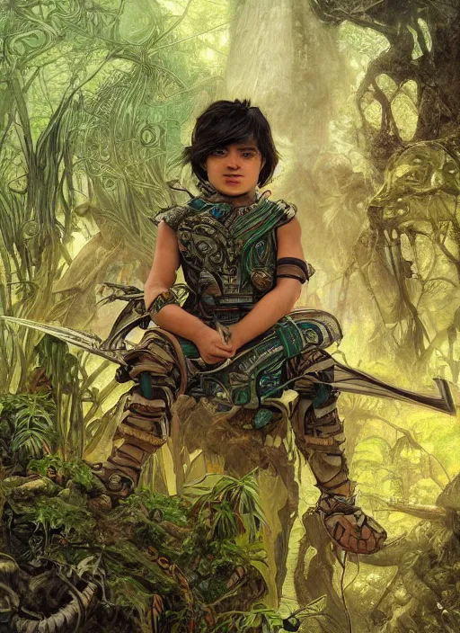 Image similar to portrait of a little cyborg warrior boy character sitting on top of a giant armored tiger a lush jungle, epic character with dark skin and beautiful green eyes. the boy has a very beautiful detailed symmetrical face, long black hair. diffuse night light, dramatic landscape, fantasy illustration, matte painting by mucha