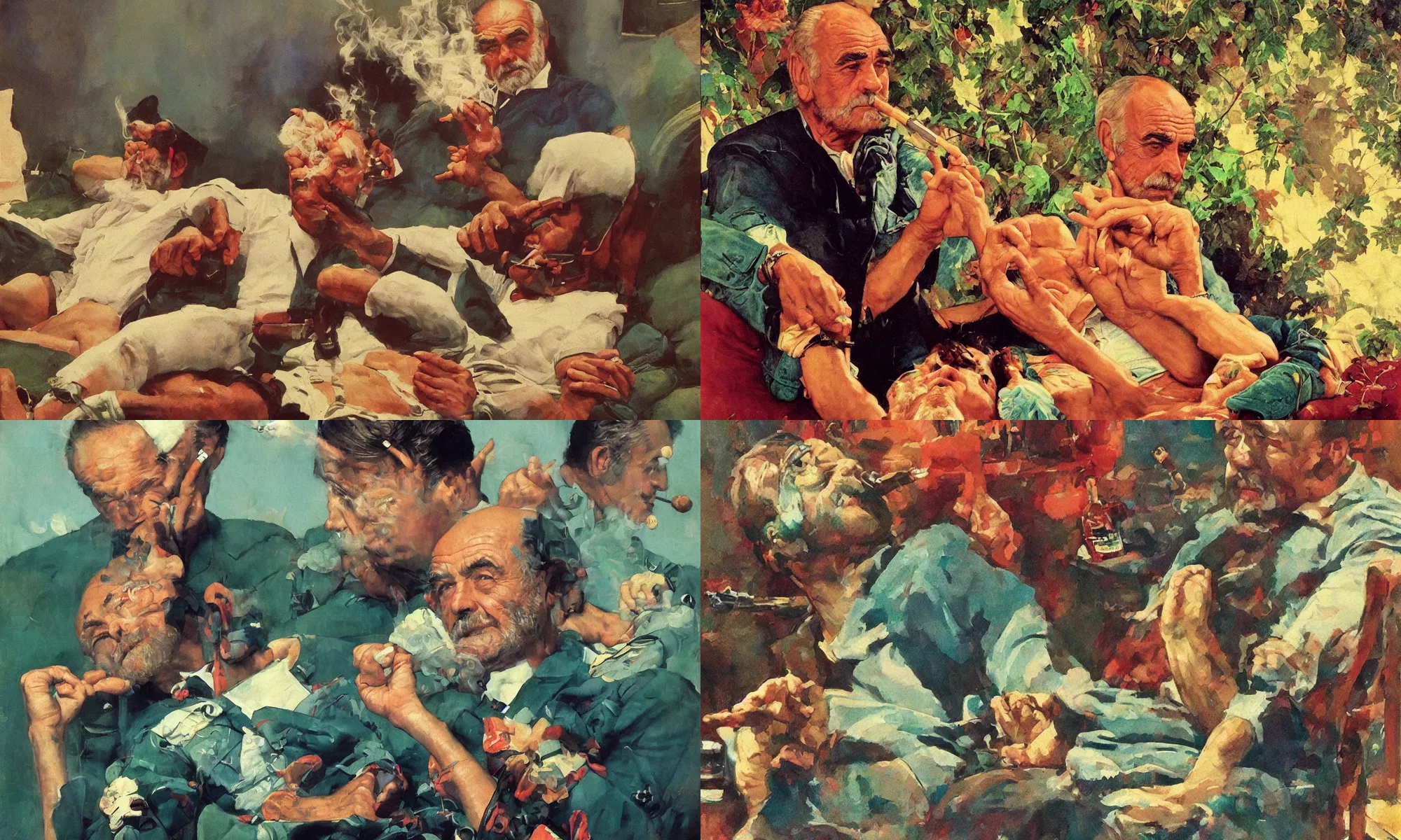 Prompt: Sean Connery meditating and smoking weed, vivid colors, in the style of Norman Rockwell and Raphael, trending on artstation, artstationHQ,artstationHD, cinematic