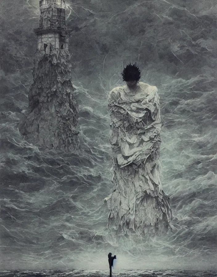 Image similar to worshippers in tattered robes belonging to the cult of the lighthouse standing in waves, a lighthouse, high detailed beksinski painting, part by adrian ghenie and gerhard richter. art by takato yamamoto. masterpiece, deep dark colours