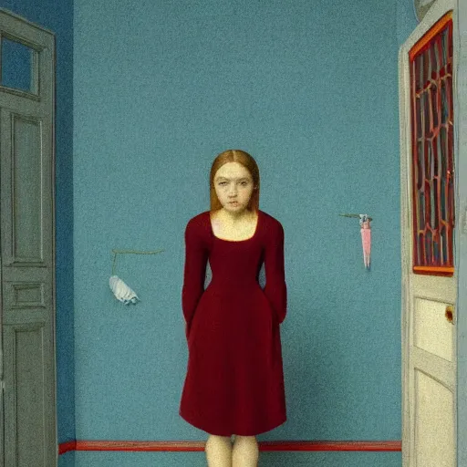Image similar to a a lonely girl in a liminal room, film still by wes anderson, depicted by velazquez, limited color palette, very intricate, art nouveau, highly detailed, lights by hopper, soft pastel colors, minimalist