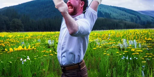 Prompt: a scotsman being happy in a meadow