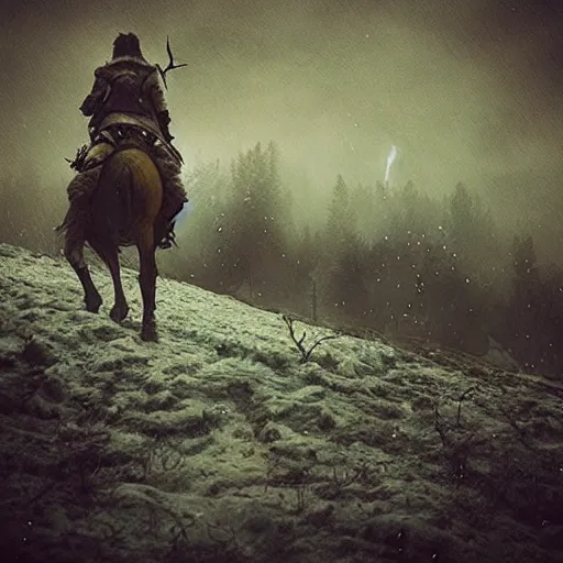 Prompt: “ the wild hunt, spectres, riding in the sky, blizzard storm, smoke, full moon, bad omen, in the style of the witcher series ”