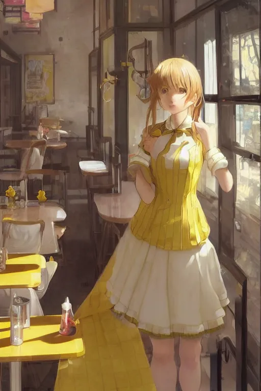 Image similar to A girl in a maid's outfit in a cafe a afternoon, wavy hair yellow theme,S line,45 angel by krenz cushart and range murata and greg rutkowski