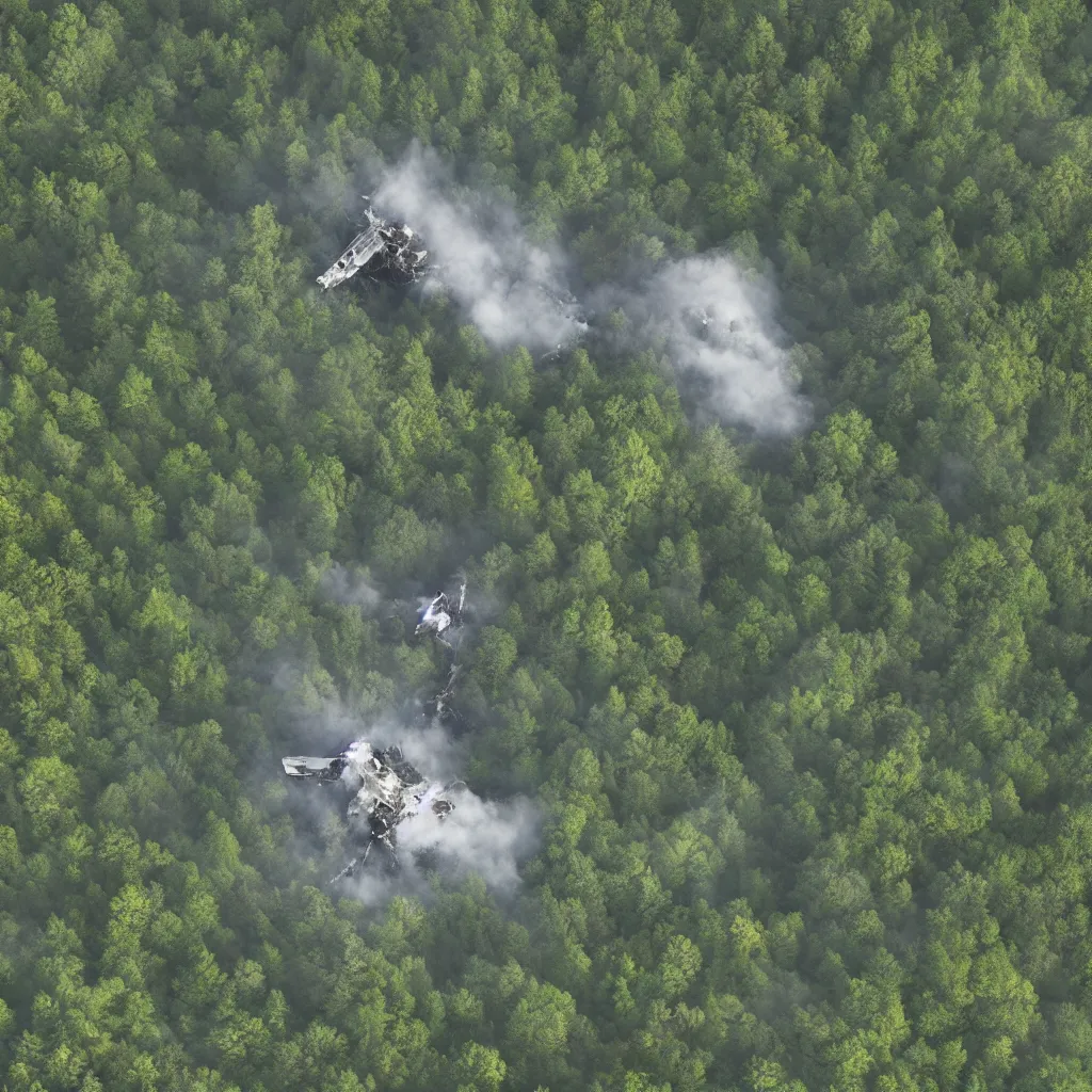 Prompt: wreckage of a large spaceship crashed in the middle of a German forest, aerial view, photorealistic, concept art, mist, atmospheric, NASA