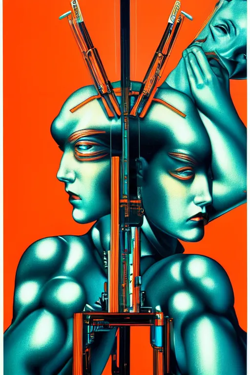 Image similar to cyborg art by Hajime Sorayama and Artemisia Gentileschi, centered, symmetrical, led, teal and orange, bilateral symmetry, third person, 70s poster, blade runner, kubrik, 2D matte illustration