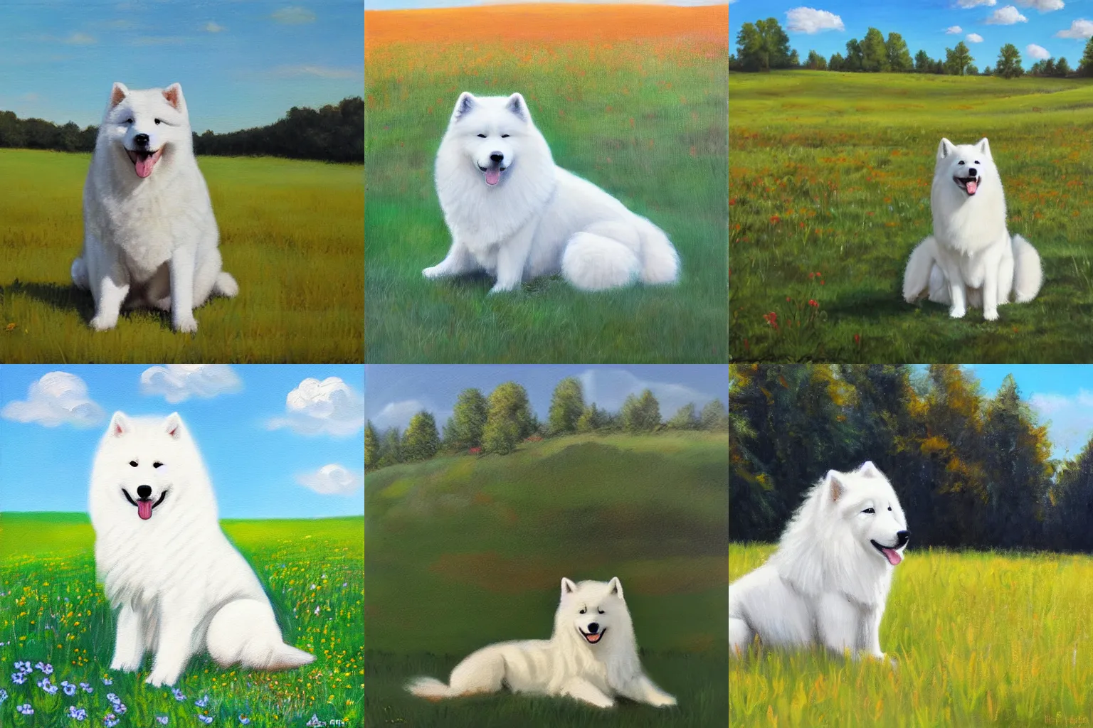 Image similar to a samoyed dog sitting in the middle of sunny meadow, oil painting