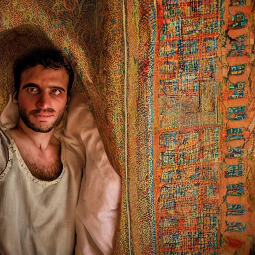 Image similar to Photograph of Surprised 25 year old man with Mediterranean features in ancient Canaanite clothing wakes up in bed, shocked looking at his sleeping wife. Interior ancient tent. 40mm lens, shallow depth of field, split lighting