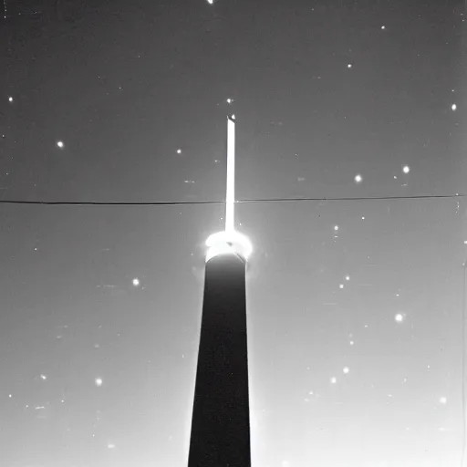 Image similar to a picture of an ufo above an television tower at night, 1 9 6 0's, black and white