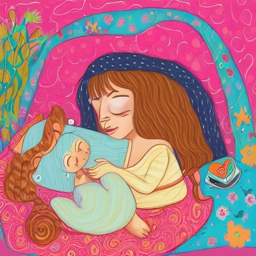 Prompt: a little cute sleepy girl in her bedroom and her mother singing lullabies next to her by Jeremiah Ketner