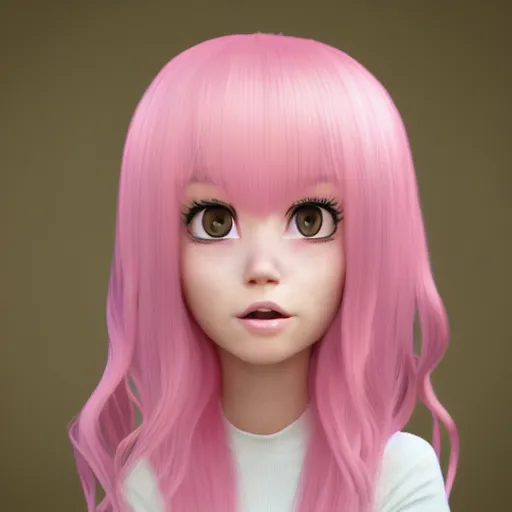 Image similar to Portrait of Nikki from Shining Nikki and Love, a cute 3d cgi toon young woman with long light pink hair, full bangs, hazel eyes, full face, light makeup, pale skin, Chinese heritage, cute outfit, medium shot, mid-shot, soft focus, 4k, trending on artstation, as a Pixar character