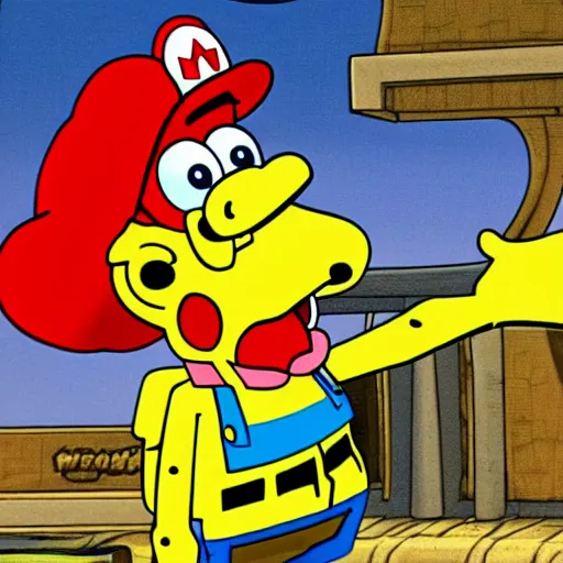Prompt: Spongebob shaking hands with Mario