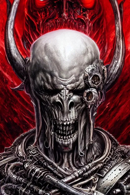 Prompt: beautiful stygian strange detailed portrait of a hulking herculean male baroque cyborg demon wearing red decorated with skulls and an arcane halo by hr giger, greg rutkowski, luis royo and wayne barlowe as a diablo, resident evil, dark souls, bloodborne monster