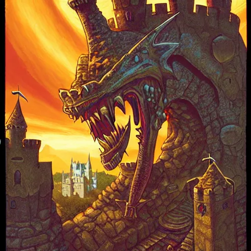 Image similar to dnd adventure module cover about a castle that eats adventurers. fantasy illustration | | digital illustration, fine details, lighting poster by larry elmore, rob spencer, wayne reynolds, eva wildermann, jeff easley