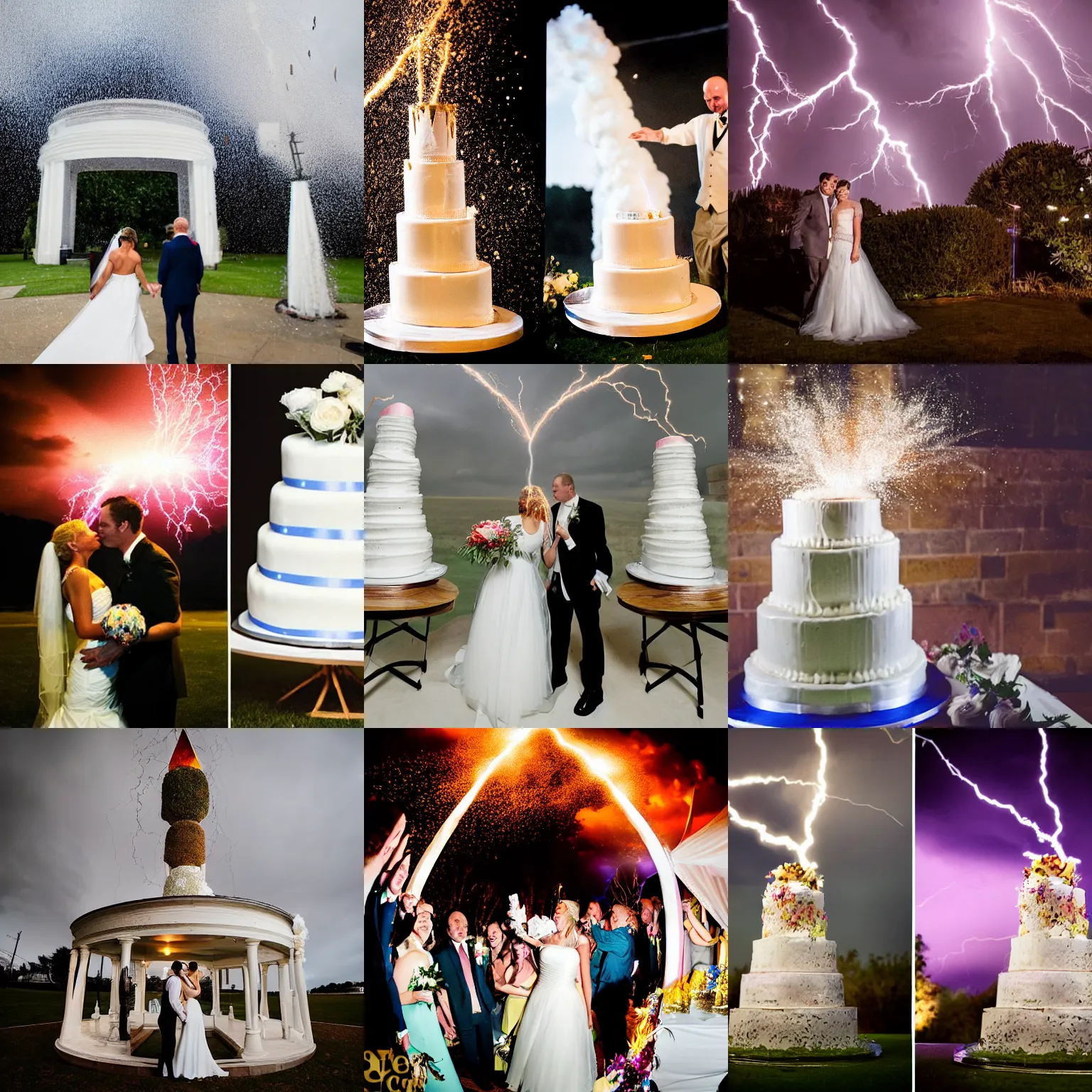 Prompt: a lightning bolt hitting a wedding cake and it explodes, award - winning photography