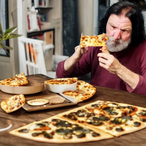 Image similar to a grumpy old danish man with long black hair eating pizza while DMing an AD&D game, D&D, rogue, dark hair, skinny, middle aged, D&D dice on table, papers on table, character sheets on table, natural lighting, black hair