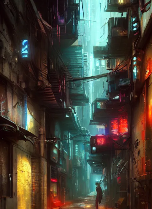 Prompt: airbrushed painting of a cyberpunk alleyway, stunning, featured on artstation, cinematic lighting, hyperdetailed, cgsociety, 8k, dramatic, dark atmosphere, alluring