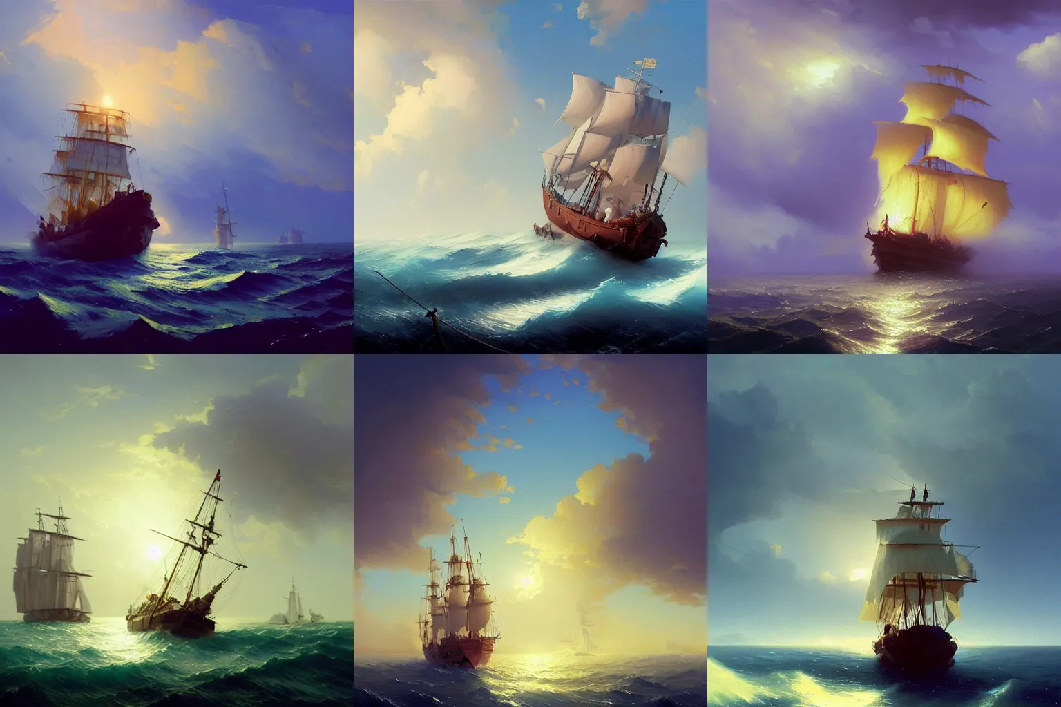 Prompt: a pirate ship on the open sea, billowing clouds, wide angle lens, shot from a low angle. by ivan aivazovsky, by rhads, makoto shinkai and lois van baarle, ilya kuvshinov. global illumination.