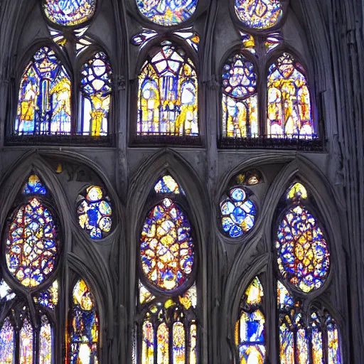 Prompt: a white marble gothic cathedral with mandala windows with sun reflection, golden hour, a gothic girl dressed in black with perfect face