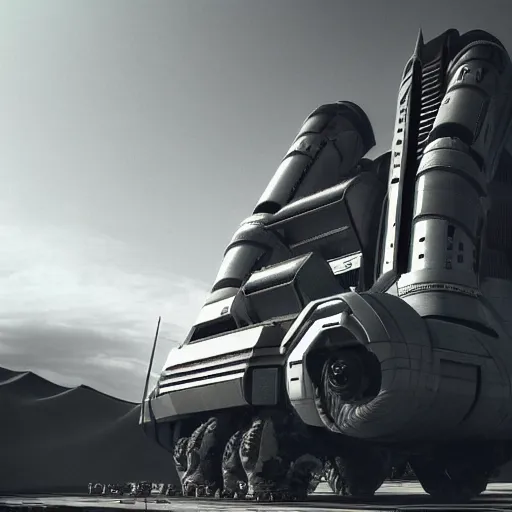 Image similar to Sci-Fi industrial futuristic futurism Brutalism brutalistic Angular huge huge carrying carrier vehicle desert