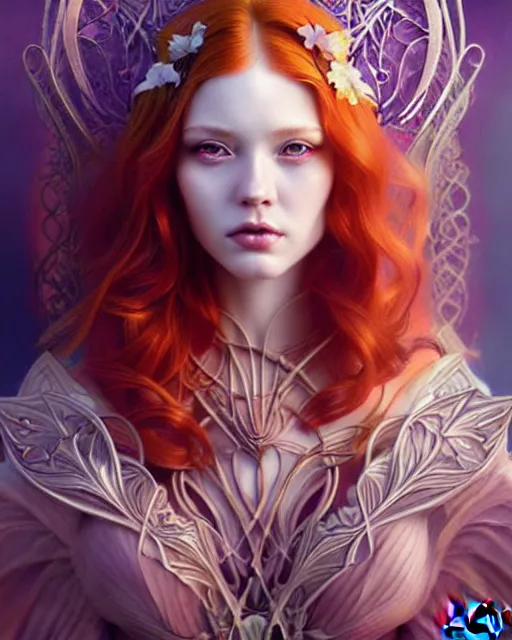 Image similar to Beautiful, evil and playful ethereal ginger portrait, art nouveau, fantasy, intricate flower designs, elegant, highly detailed, sharp focus, art by Artgerm and Alex Ross Tran and WLOP