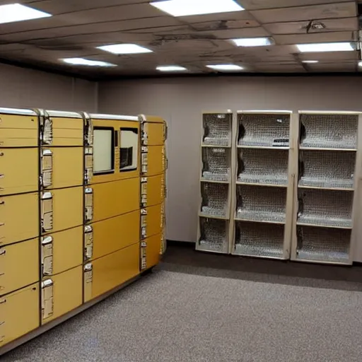 Prompt: computer server bank, gold, art deco, rust, worn, room full of computers