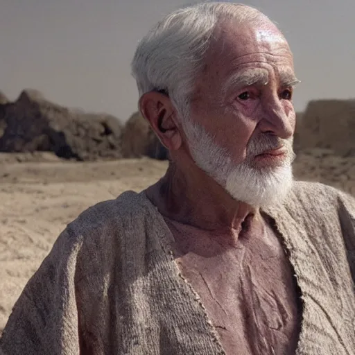 Image similar to cinematic film still of 80 year old man in ancient Canaanite clothing building Noah's Ark, directed by Steven Spielberg