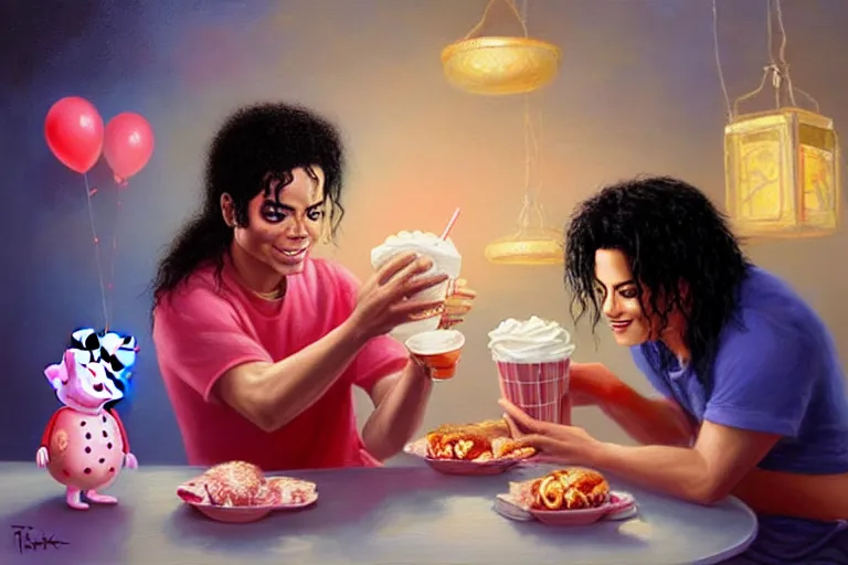 Prompt: michael jackson sharing a milkshake with peppa pig late night, an oil painting by ross tran and thomas kincade