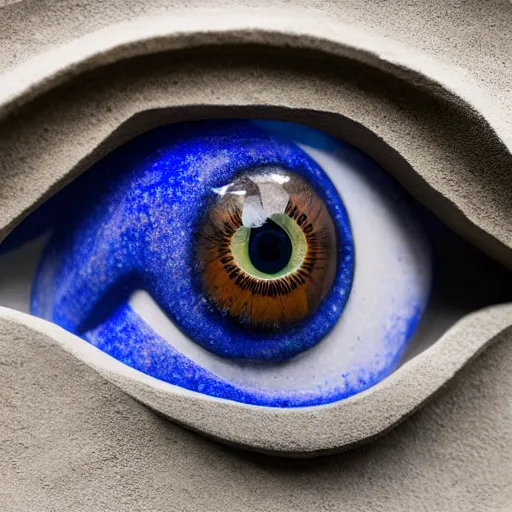 Image similar to medium - shot museum photo of ca 2 5 0 0 stone eye sculpture made of thick lapis lazuli beveled to hold the white limestone which forms the eye's sclera which is drilled to receive the black stone pupil, studio lighting, professional, promo,